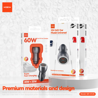 MOXOM MX-VC45 Pilot 60W Car Charger – Dual USB-C 30W+30W, PD & PPS Fast Charging, 12-24V