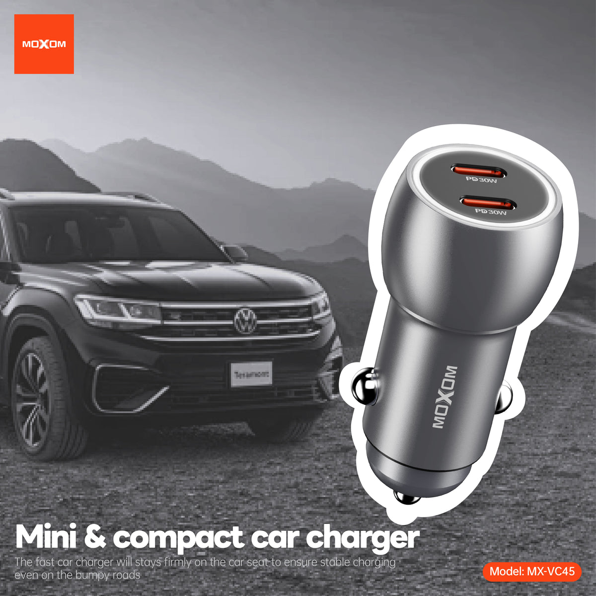 MOXOM MX-VC45 Pilot 60W Car Charger – Dual USB-C 30W+30W, PD & PPS Fast Charging, 12-24V