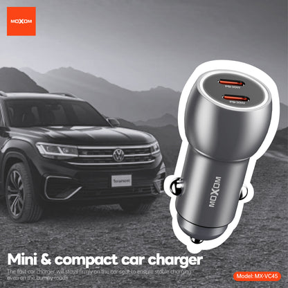 MOXOM MX-VC45 Pilot 60W Car Charger – Dual USB-C 30W+30W, PD & PPS Fast Charging, 12-24V