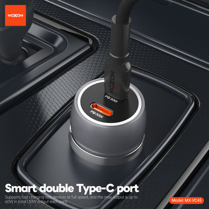 MOXOM MX-VC45 Pilot 60W Car Charger – Dual USB-C 30W+30W, PD & PPS Fast Charging, 12-24V