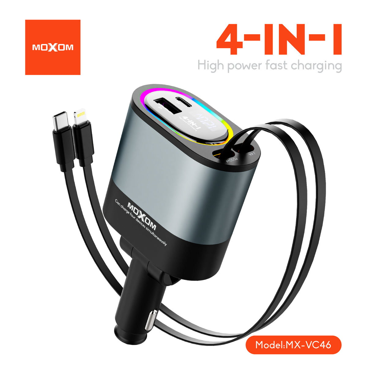 MOXOM MX-VC46 Shadow 4-in-1 Retractable Car Charger – Up to 120W, Built-in Cables + USB-C & USB-A