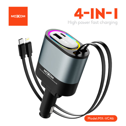 MOXOM MX-VC46 Shadow 4-in-1 Retractable Car Charger – Up to 120W, Built-in Cables + USB-C & USB-A