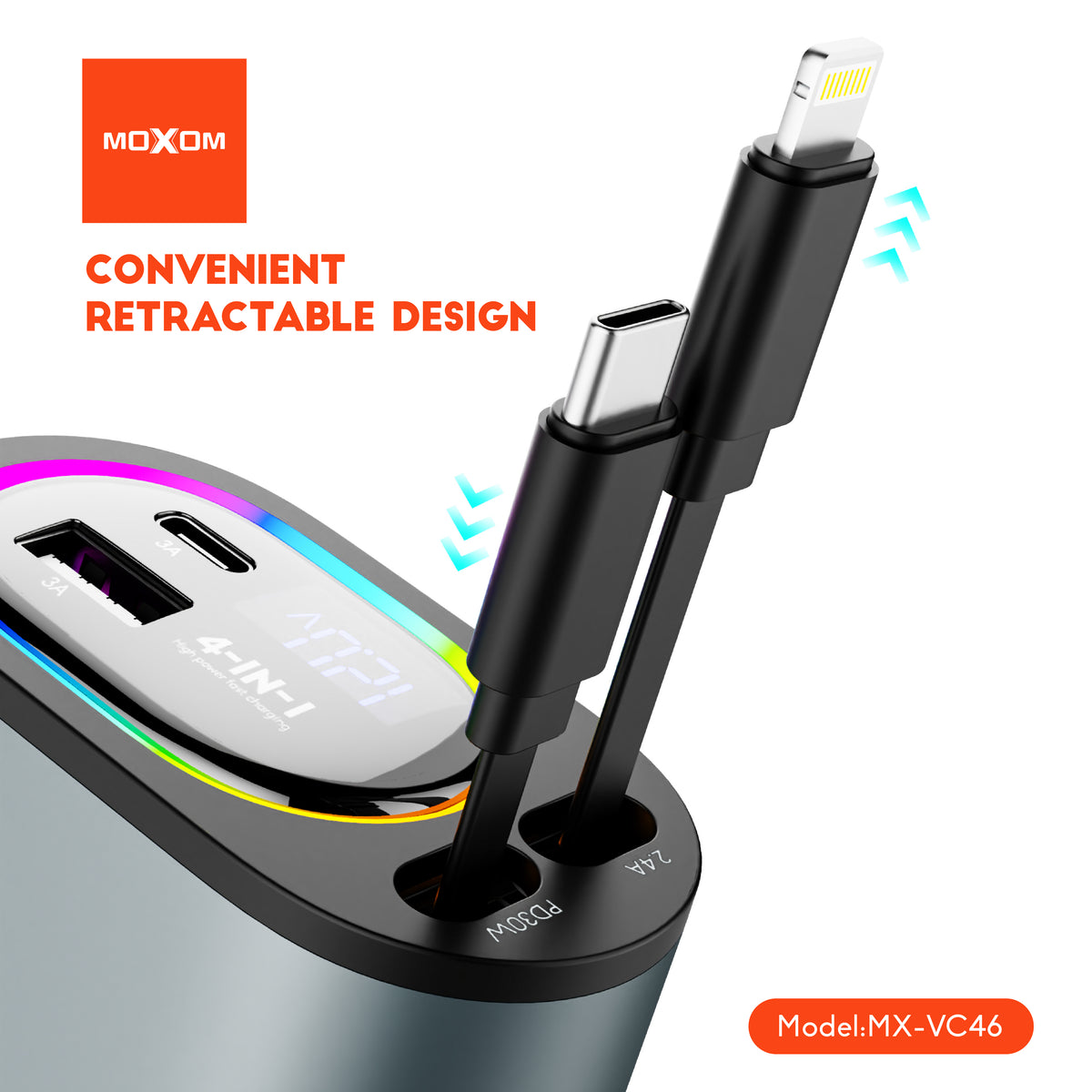 MOXOM MX-VC46 Shadow 4-in-1 Retractable Car Charger – Up to 120W, Built-in Cables + USB-C & USB-A