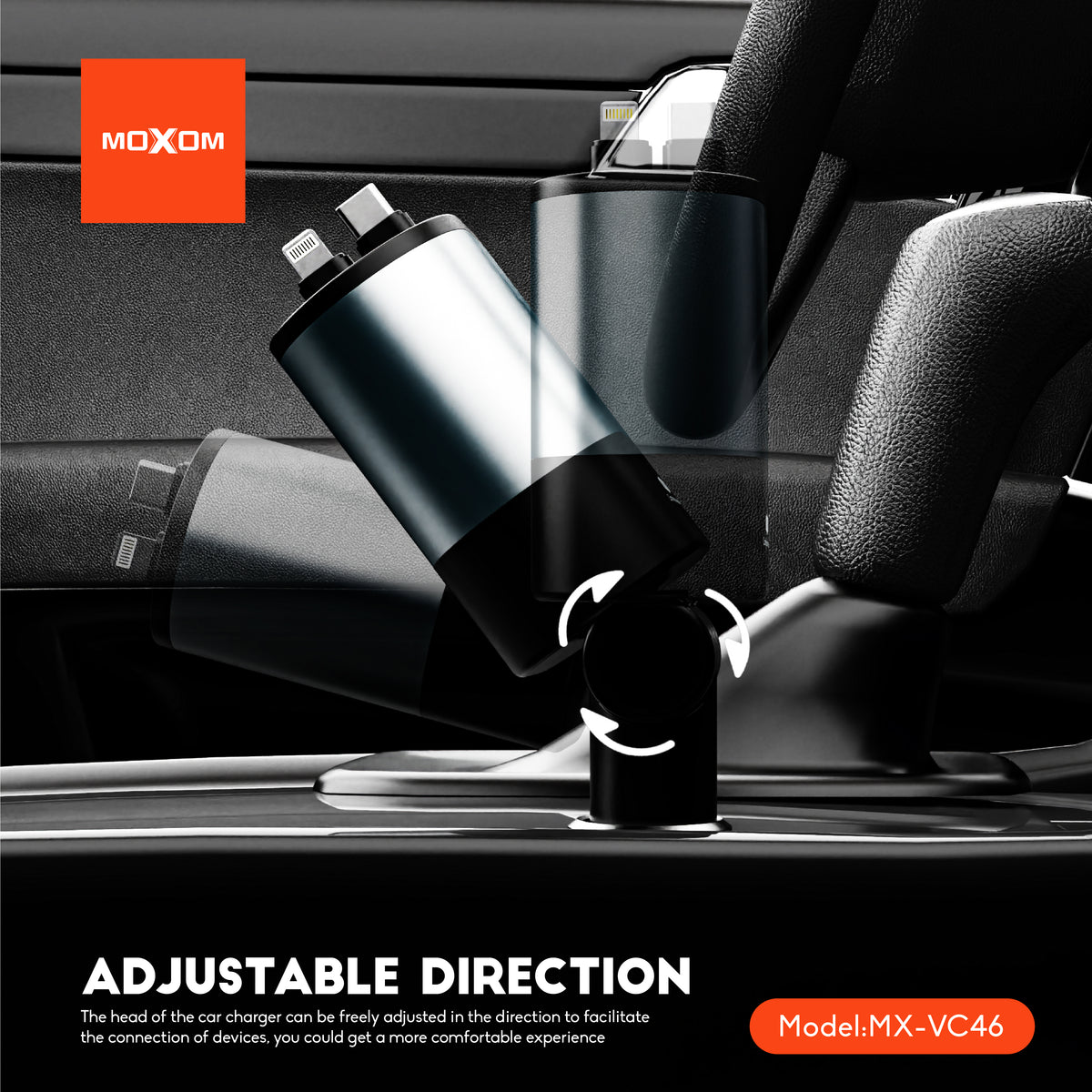 MOXOM MX-VC46 Shadow 4-in-1 Retractable Car Charger – Up to 120W, Built-in Cables + USB-C & USB-A