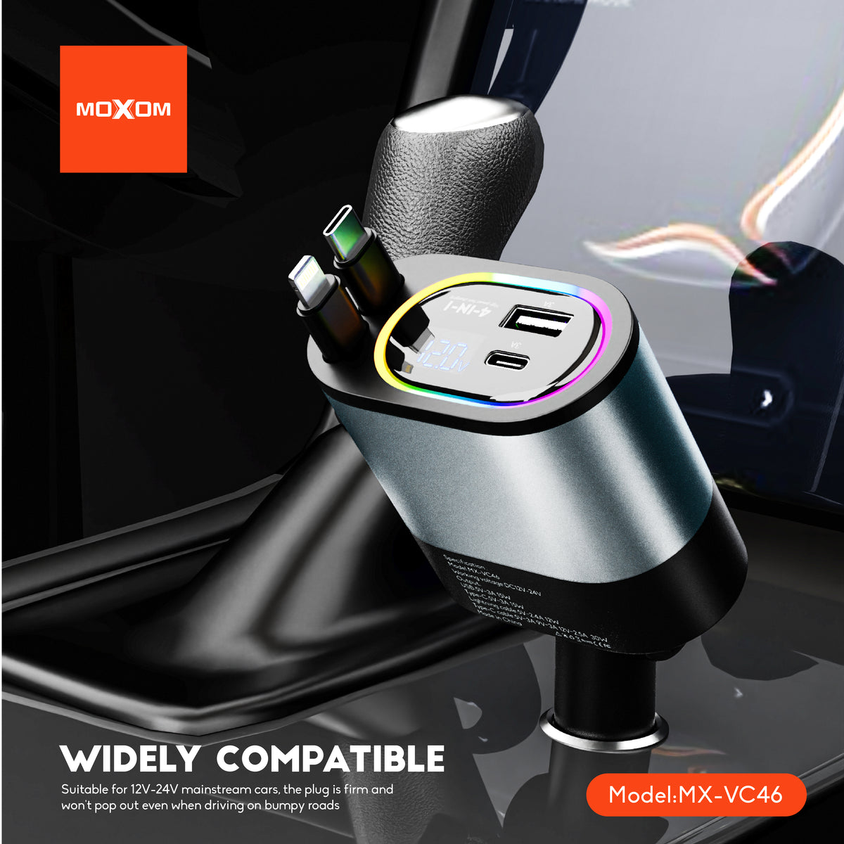 MOXOM MX-VC46 Shadow 4-in-1 Retractable Car Charger – Up to 120W, Built-in Cables + USB-C & USB-A