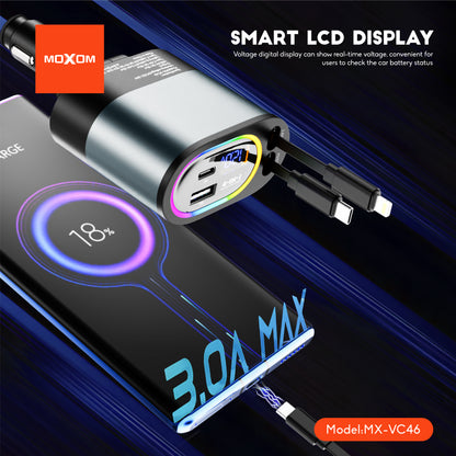 MOXOM MX-VC46 Shadow 4-in-1 Retractable Car Charger – Up to 120W, Built-in Cables + USB-C & USB-A