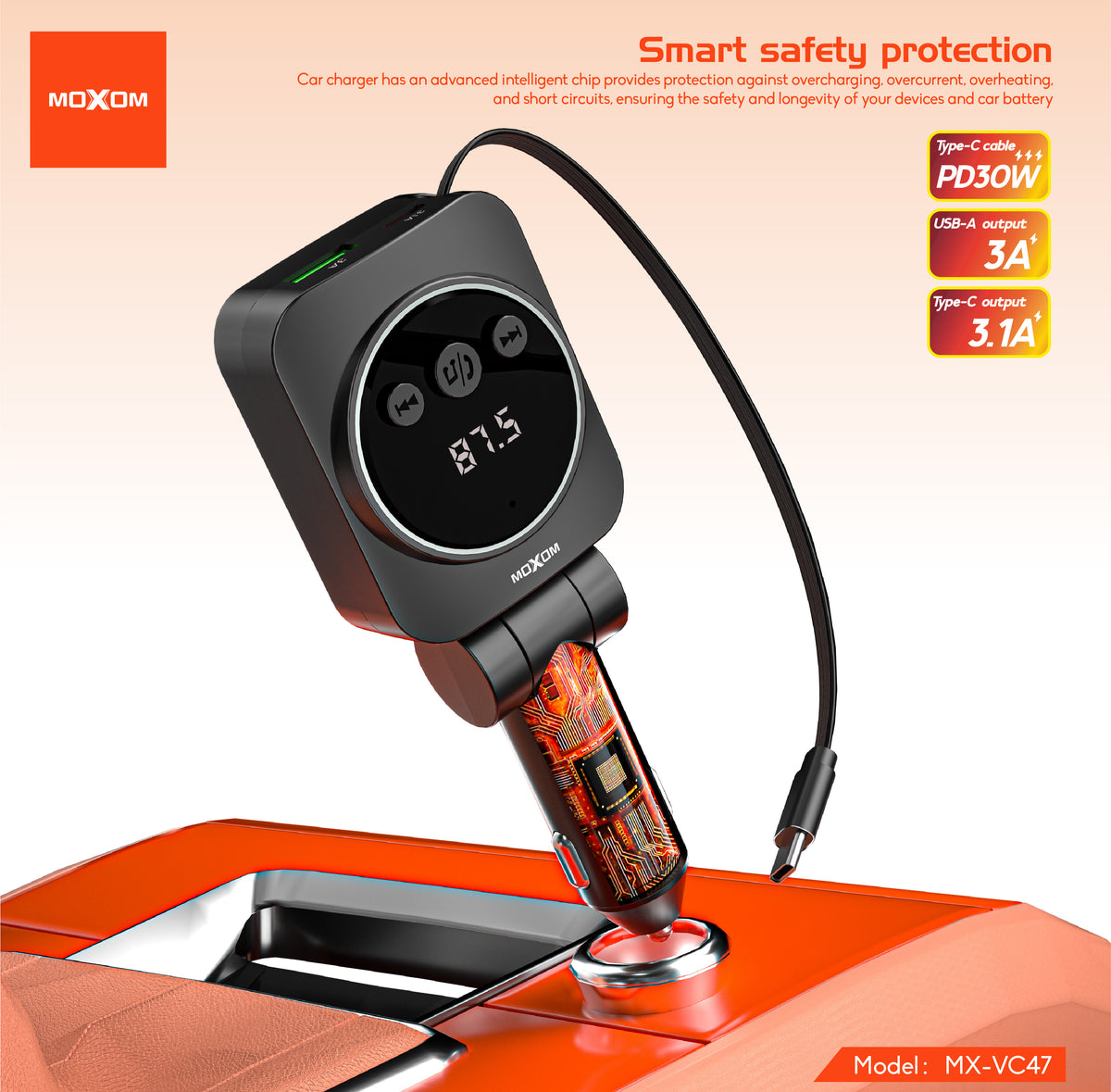MOXOM MX-VC47 Reverie 5-in-1 Car Charger – 45W, Retractable Type-C Cable + USB-A + USB-C, 12-24V
