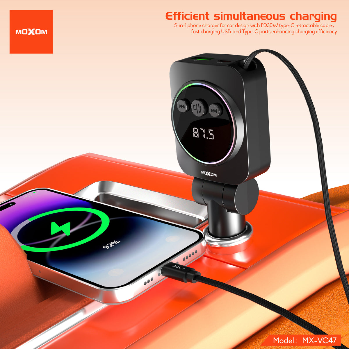 MOXOM MX-VC47 Reverie 5-in-1 Car Charger – 45W, Retractable Type-C Cable + USB-A + USB-C, 12-24V
