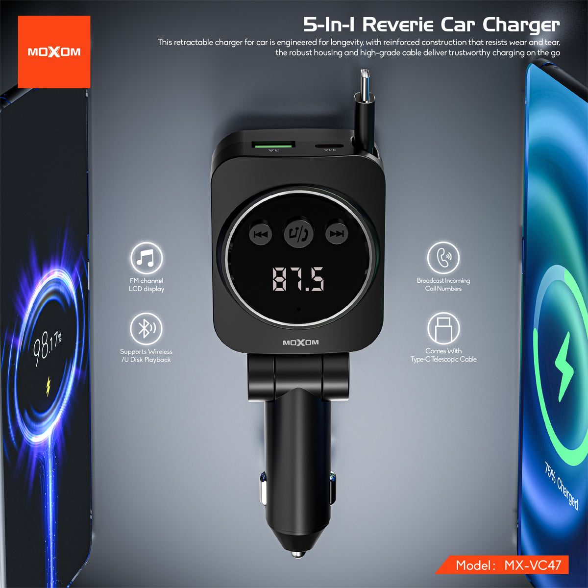 MOXOM MX-VC47 Reverie 5-in-1 Car Charger – 45W, Retractable Type-C Cable + USB-A + USB-C, 12-24V