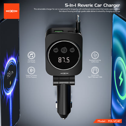 MOXOM MX-VC47 Reverie 5-in-1 Car Charger – 45W, Retractable Type-C Cable + USB-A + USB-C, 12-24V