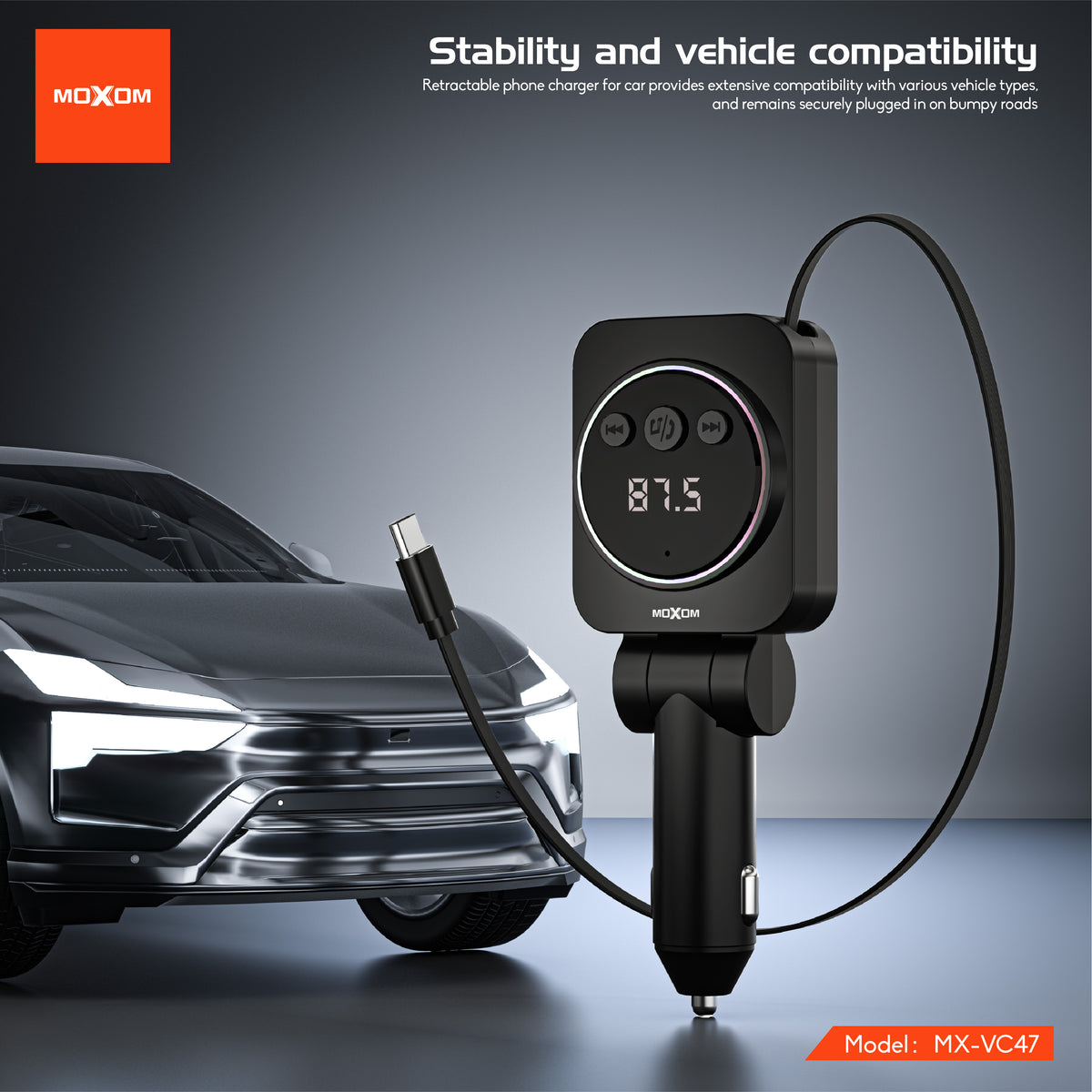 MOXOM MX-VC47 Reverie 5-in-1 Car Charger – 45W, Retractable Type-C Cable + USB-A + USB-C, 12-24V