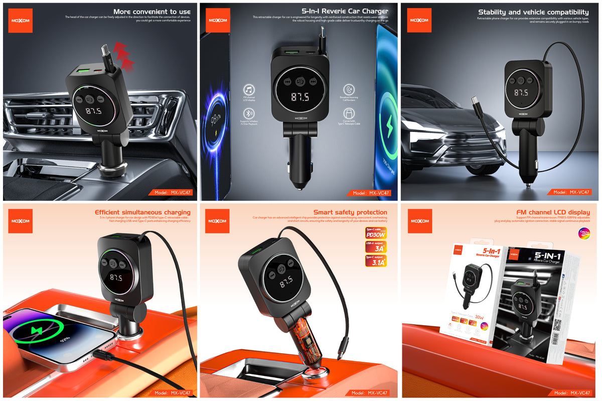 MOXOM MX-VC47 Reverie 5-in-1 Car Charger – 45W, Retractable Type-C Cable + USB-A + USB-C, 12-24V