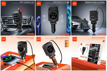 MOXOM MX-VC47 Reverie 5-in-1 Car Charger – 45W, Retractable Type-C Cable + USB-A + USB-C, 12-24V
