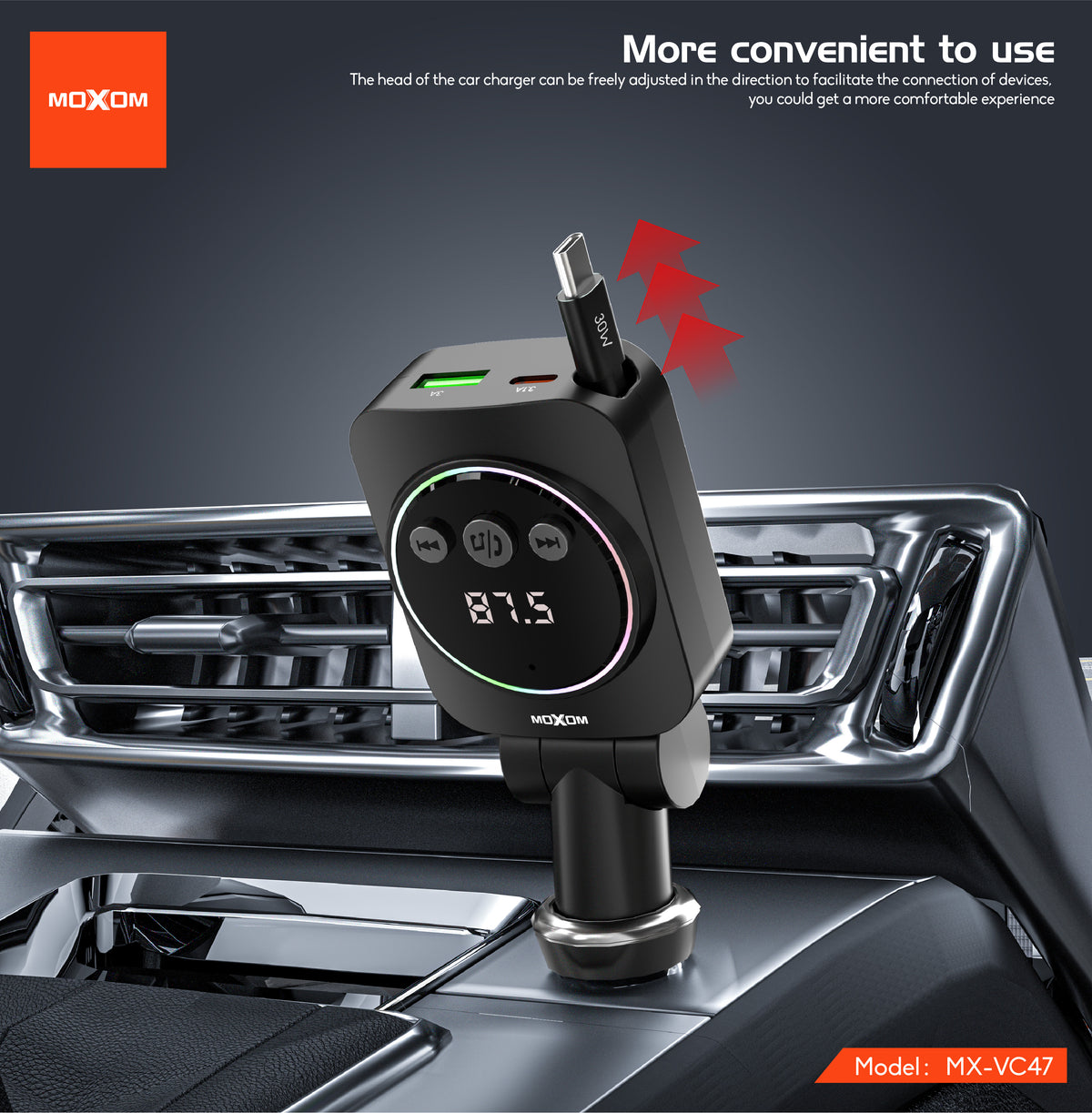 MOXOM MX-VC47 Reverie 5-in-1 Car Charger – 45W, Retractable Type-C Cable + USB-A + USB-C, 12-24V