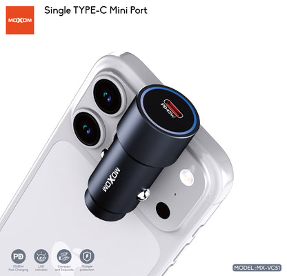 MOXOM MX-VC51 Mini USB-C Car Charger – PD 45W Fast Charging, Compact, 12–24V, Grey