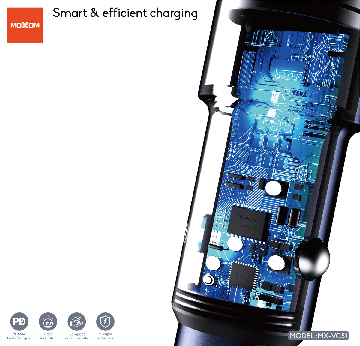 MOXOM MX-VC51 Mini USB-C Car Charger – PD 45W Fast Charging, Compact, 12–24V, Grey