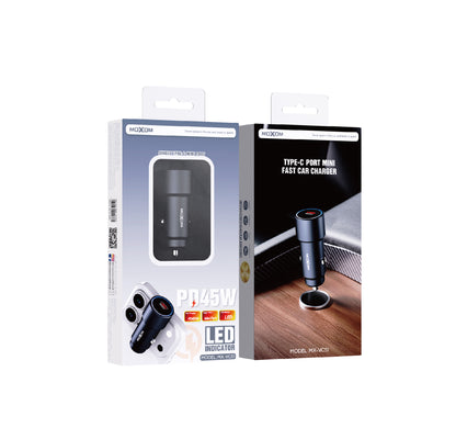 MOXOM MX-VC51 Mini USB-C Car Charger – PD 45W Fast Charging, Compact, 12–24V, Grey