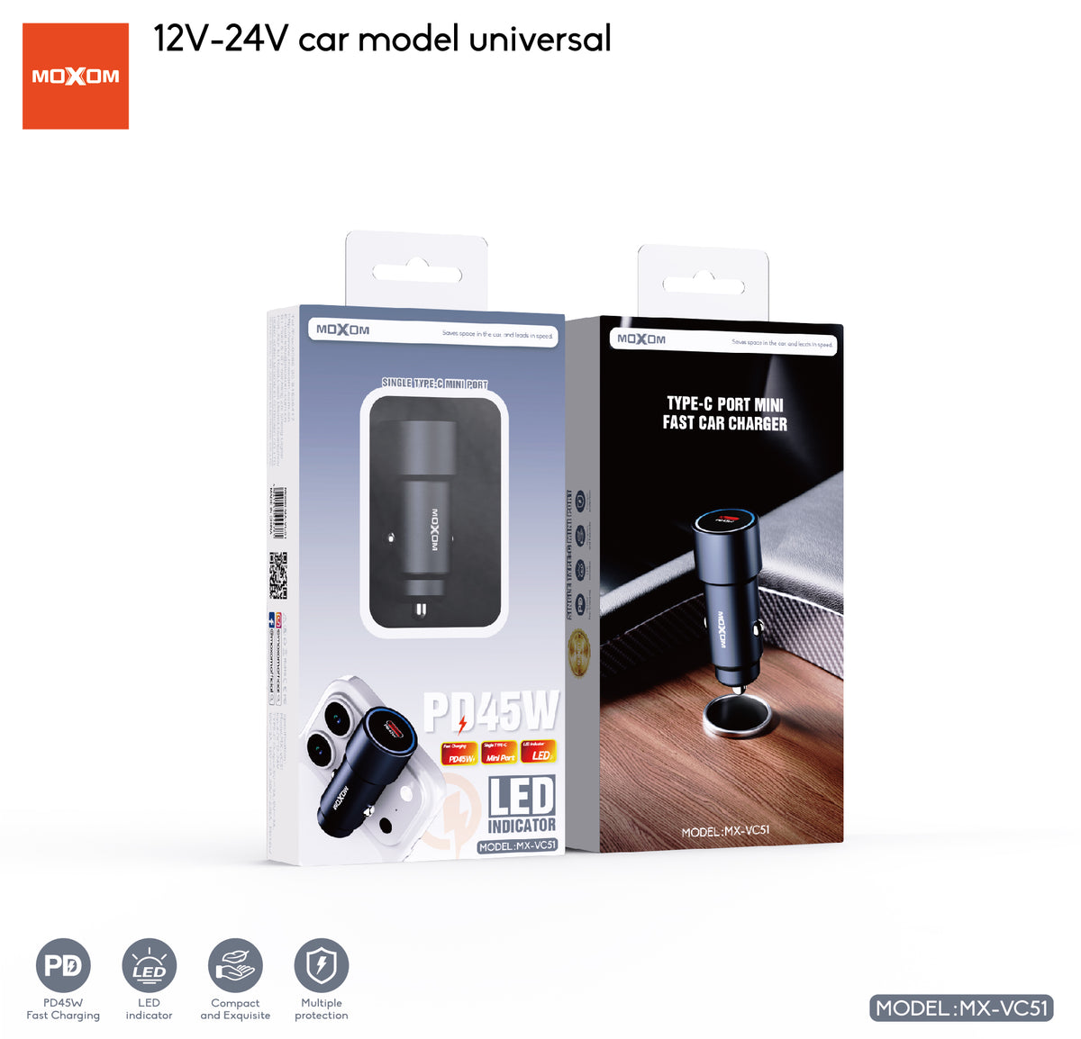 MOXOM MX-VC51 Mini USB-C Car Charger – PD 45W Fast Charging, Compact, 12–24V, Grey