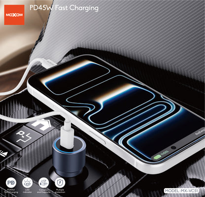 MOXOM MX-VC51 Mini USB-C Car Charger – PD 45W Fast Charging, Compact, 12–24V, Grey