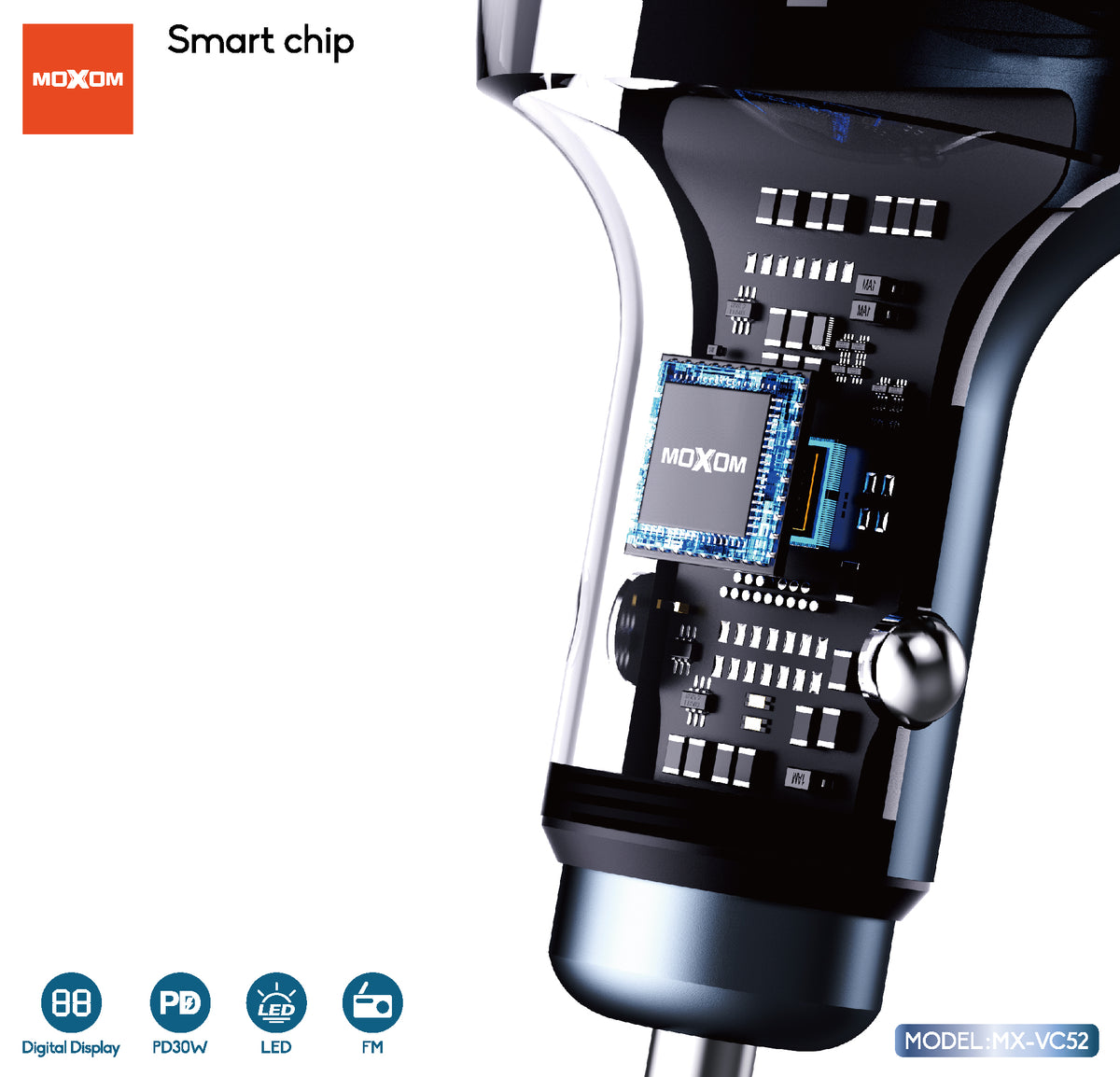 MOXOM MX-VC52 Car Charger with FM Transmitter – PD 30W USB-C + USB-A, Music Streaming, 12–24V