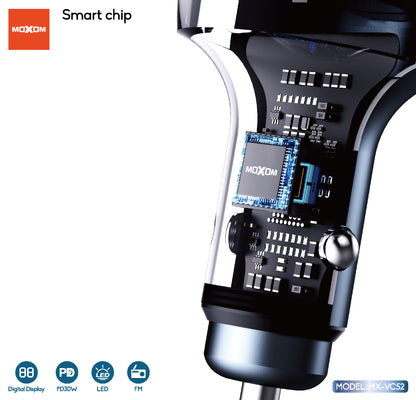 MOXOM MX-VC52 Car Charger with FM Transmitter – PD 30W USB-C + USB-A, Music Streaming, 12–24V