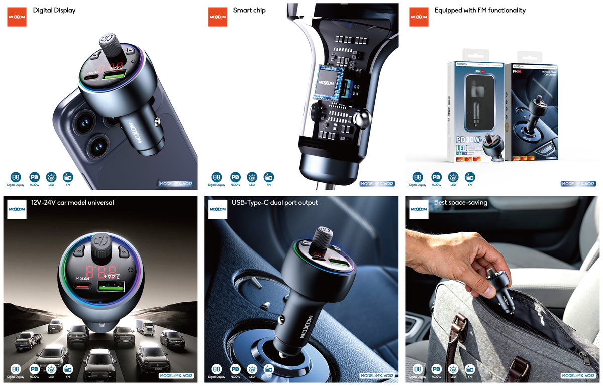 MOXOM MX-VC52 Car Charger with FM Transmitter – PD 30W USB-C + USB-A, Music Streaming, 12–24V