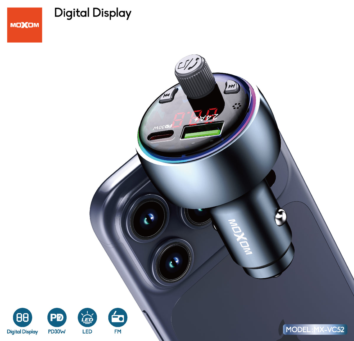 MOXOM MX-VC52 Car Charger with FM Transmitter – PD 30W USB-C + USB-A, Music Streaming, 12–24V