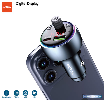 MOXOM MX-VC52 Car Charger with FM Transmitter – PD 30W USB-C + USB-A, Music Streaming, 12–24V