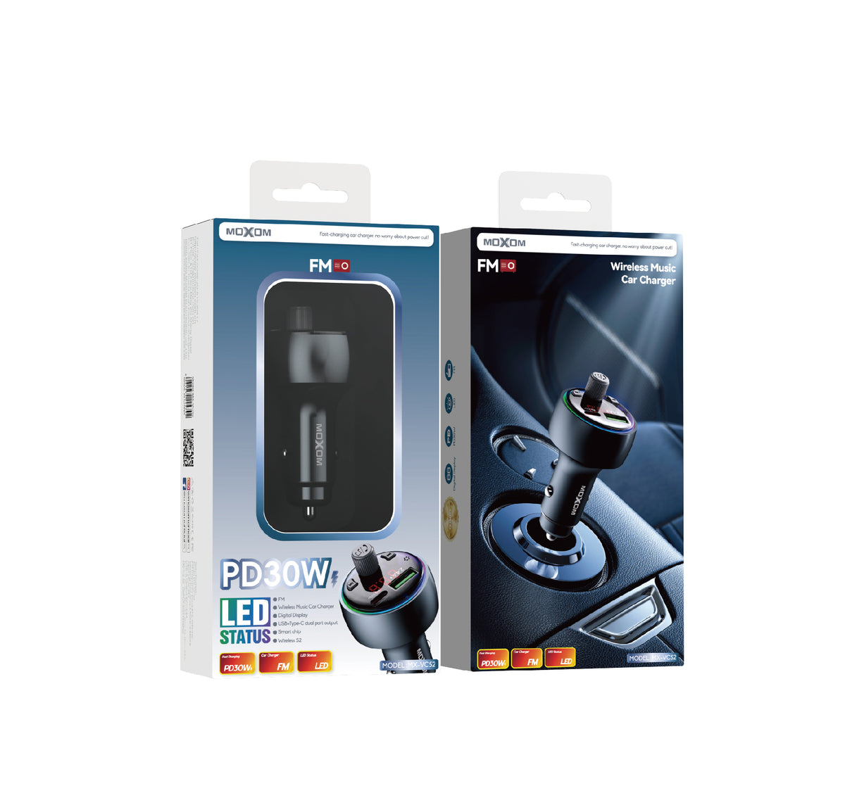 MOXOM MX-VC52 Car Charger with FM Transmitter – PD 30W USB-C + USB-A, Music Streaming, 12–24V