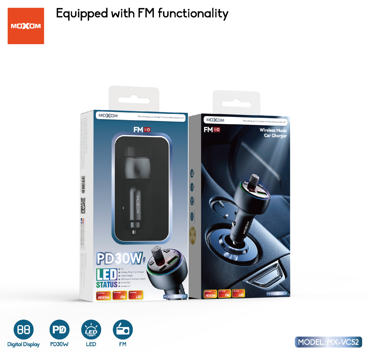 MOXOM MX-VC52 Car Charger with FM Transmitter – PD 30W USB-C + USB-A, Music Streaming, 12–24V