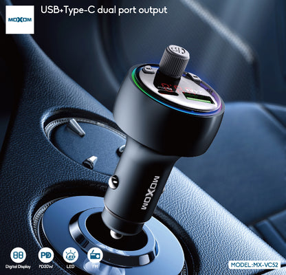 MOXOM MX-VC52 Car Charger with FM Transmitter – PD 30W USB-C + USB-A, Music Streaming, 12–24V