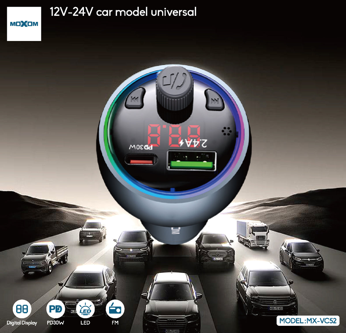 MOXOM MX-VC52 Car Charger with FM Transmitter – PD 30W USB-C + USB-A, Music Streaming, 12–24V