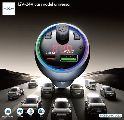 MOXOM MX-VC52 Car Charger with FM Transmitter – PD 30W USB-C + USB-A, Music Streaming, 12–24V