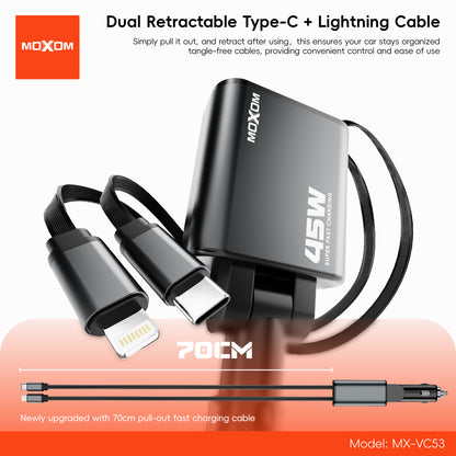 MOXOM MX-VC53 45W Retractable Car Charger – Built-in Type-C Cable + Lightning + USB-C + USB, 4 Devices