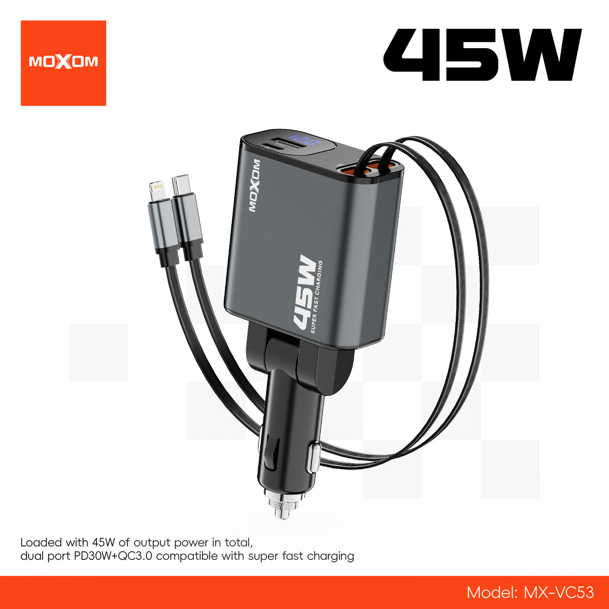 MOXOM MX-VC53 45W Retractable Car Charger – Built-in Type-C Cable + Lightning + USB-C + USB, 4 Devices
