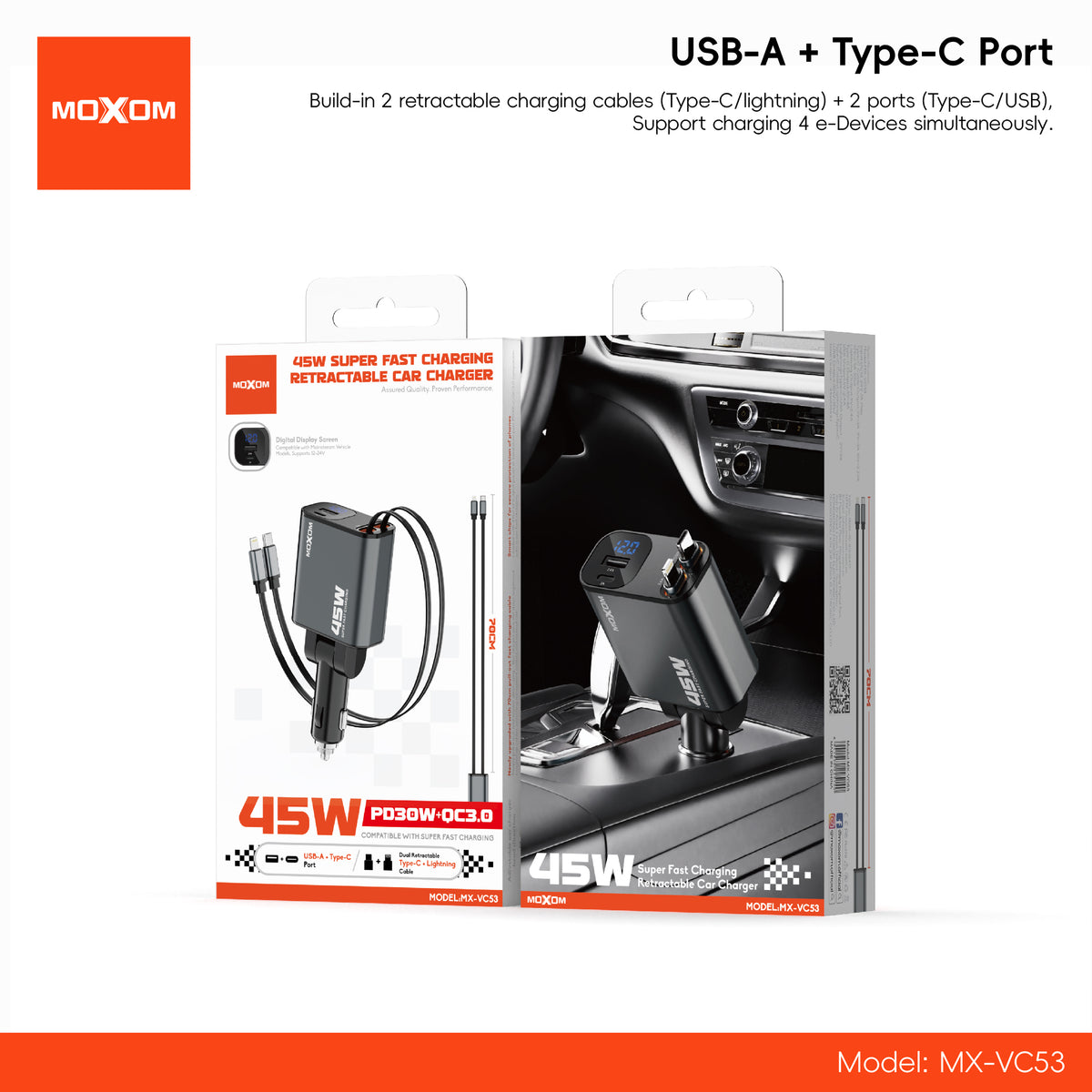 MOXOM MX-VC53 45W Retractable Car Charger – Built-in Type-C Cable + Lightning + USB-C + USB, 4 Devices