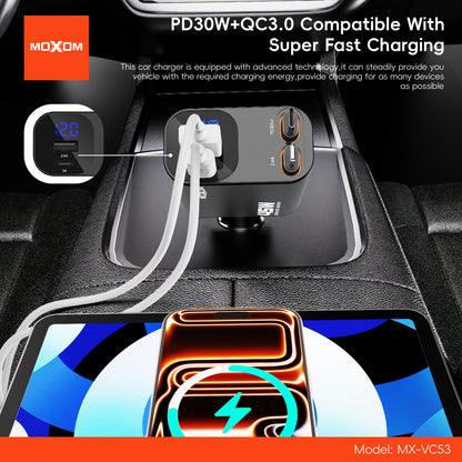 MOXOM MX-VC53 45W Retractable Car Charger – Built-in Type-C Cable + Lightning + USB-C + USB, 4 Devices