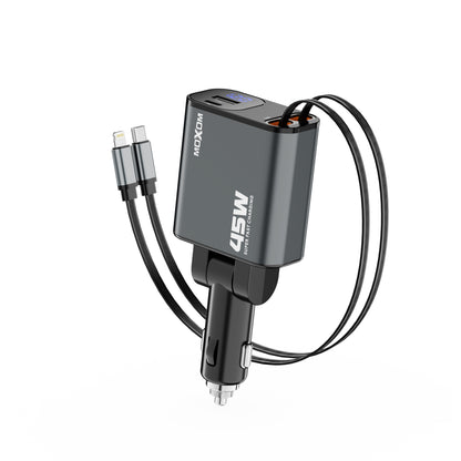 MOXOM MX-VC53 45W Retractable Car Charger – Built-in Type-C Cable + Lightning + USB-C + USB, 4 Devices