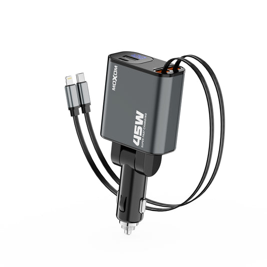 MOXOM MX-VC53 45W Retractable Car Charger – Built-in Type-C Cable + Lightning + USB-C + USB, 4 Devices