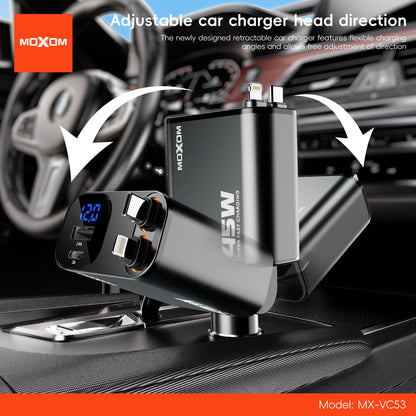 MOXOM MX-VC53 45W Retractable Car Charger – Built-in Type-C Cable + Lightning + USB-C + USB, 4 Devices