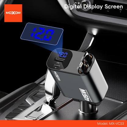 MOXOM MX-VC53 45W Retractable Car Charger – Built-in Type-C Cable + Lightning + USB-C + USB, 4 Devices
