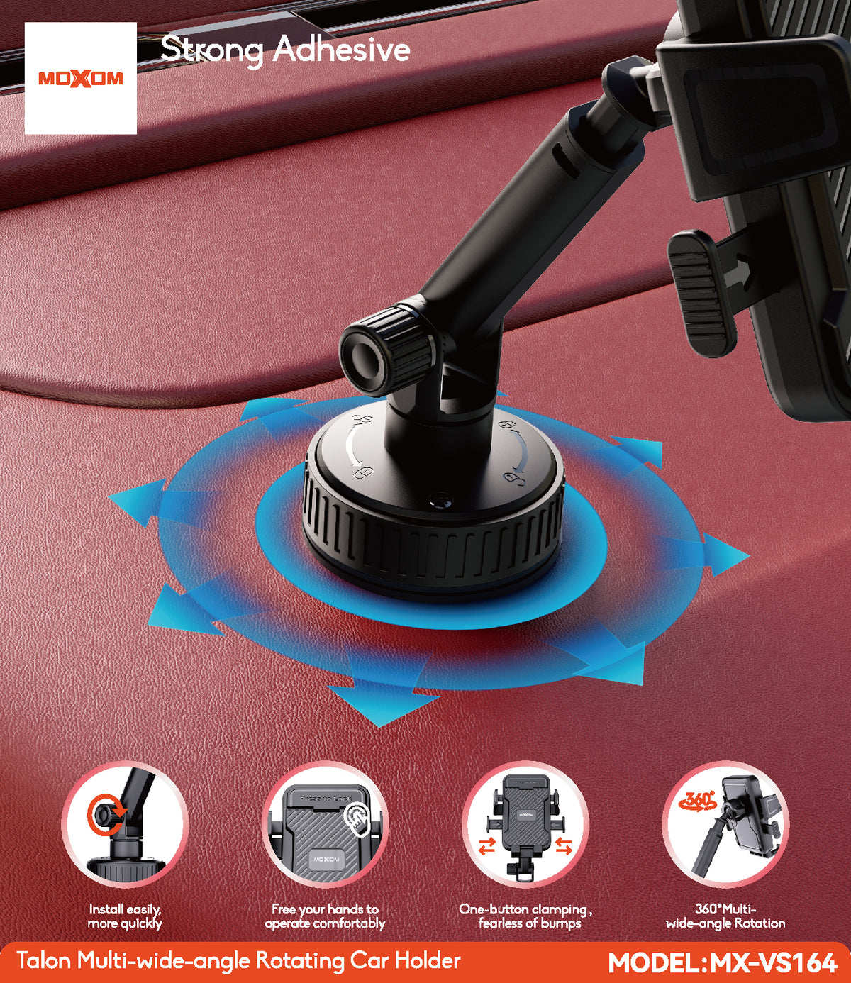 MOXOM MX-VS164 Talon Car Phone Holder – Multi-Angle Rotation, Built-In Type-C Charging, 140g