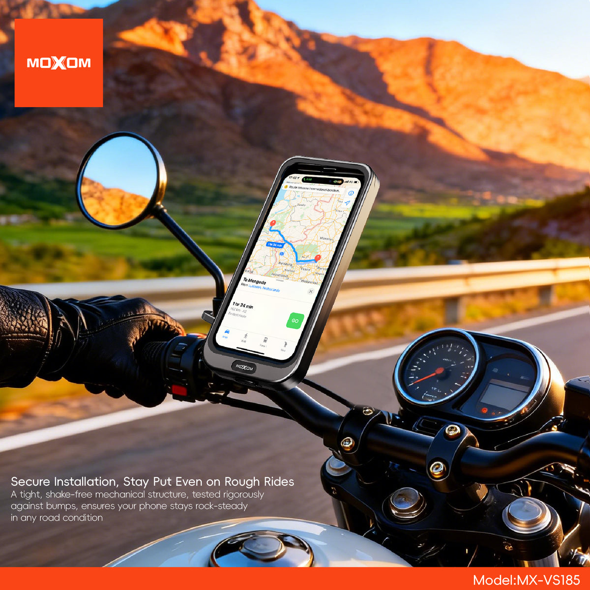 MOXOM MX-VS185 Motorcycle Rearview Mirror Phone Holder – Full Coverage Mount for Navigation, 113g