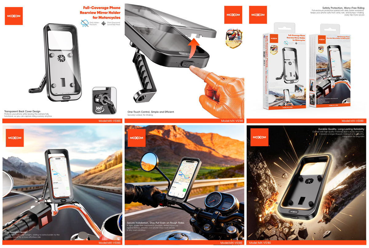 MOXOM MX-VS185 Motorcycle Rearview Mirror Phone Holder – Full Coverage Mount for Navigation, 113g