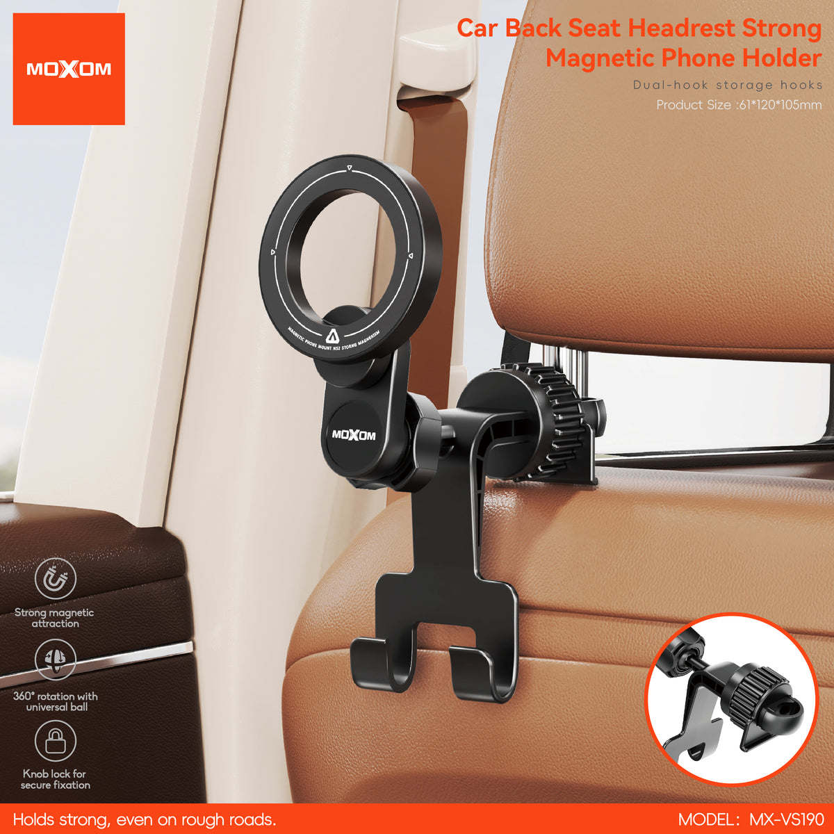 MOXOM MX-VS190 Back Seat Headrest Magnetic Phone Holder – Strong Neodymium Magnets, Tool-Free Install