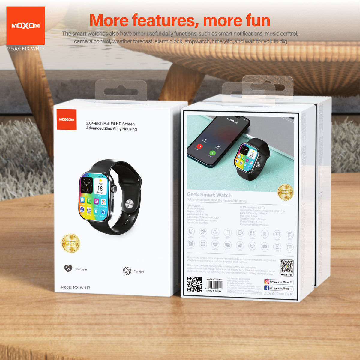 MOXOM MX-WH17 Smartwatch – 2.04" AMOLED HD Display, Bluetooth Calling, IP68, Wireless Charging