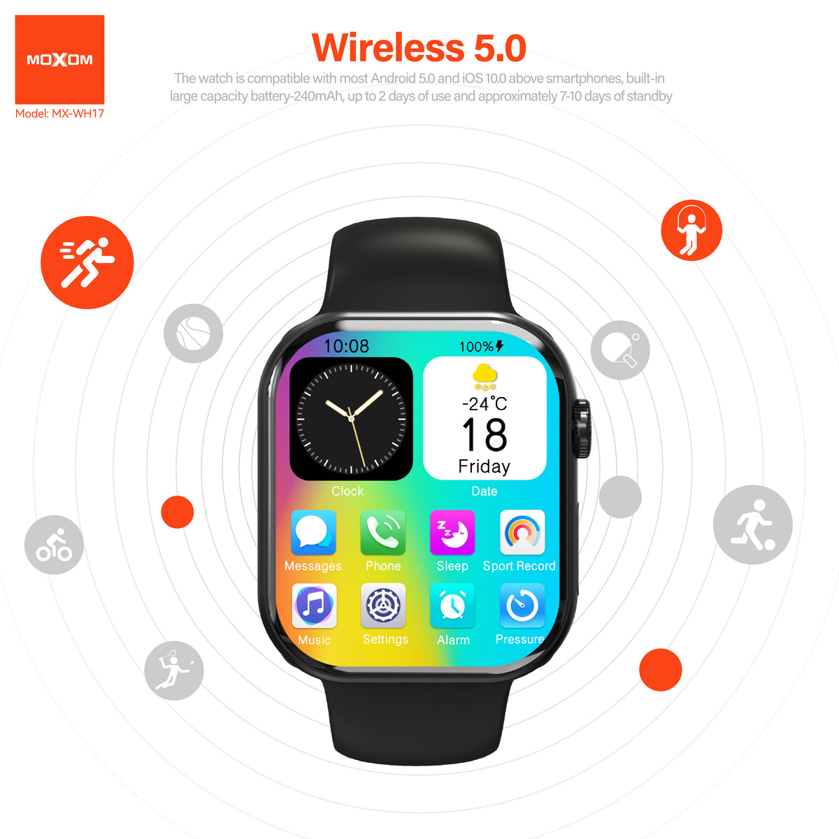 MOXOM MX-WH17 Smartwatch – 2.04" AMOLED HD Display, Bluetooth Calling, IP68, Wireless Charging