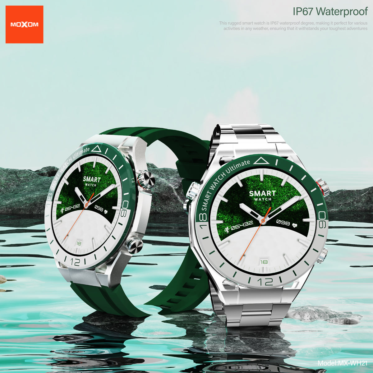 MOXOM MX-WH21 Emerald Steel Strap Smartwatch – Bluetooth Calling, NFC Door Access, IP67, Wireless Charging