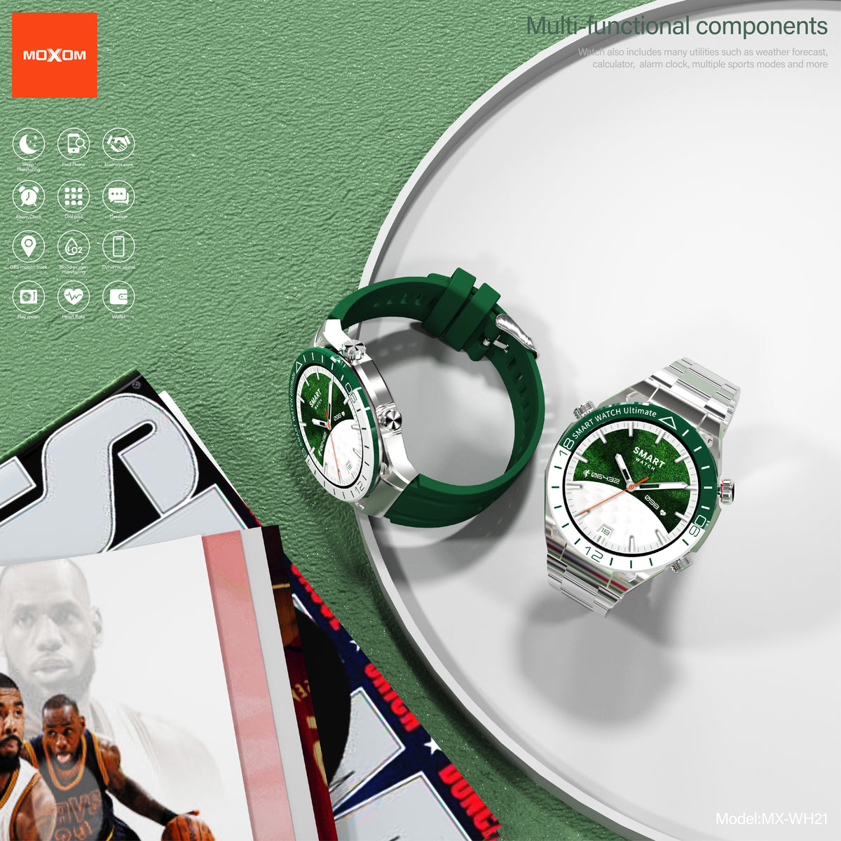 MOXOM MX-WH21 Emerald Steel Strap Smartwatch – Bluetooth Calling, NFC Door Access, IP67, Wireless Charging
