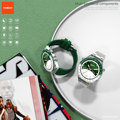 MOXOM MX-WH21 Emerald Steel Strap Smartwatch – Bluetooth Calling, NFC Door Access, IP67, Wireless Charging